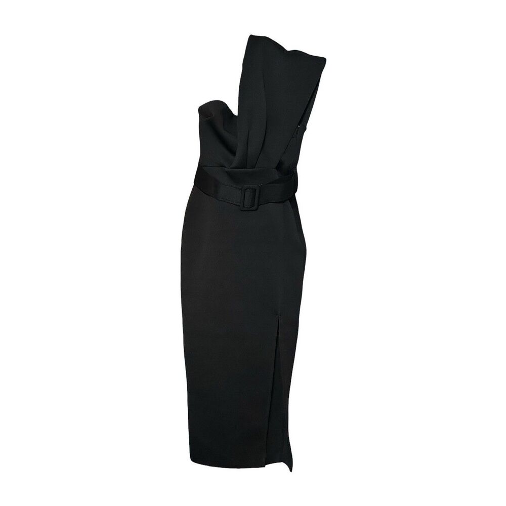 ASOS Black One Shoulder Midi Dress Belted Bodycon Slit Size 2 UK6